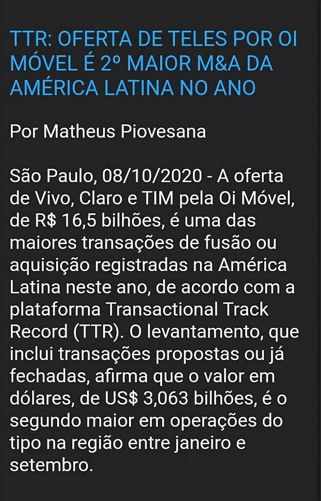 TTR: oferta de teles por oi mvel  2 maior m&a da amrica latina no ano